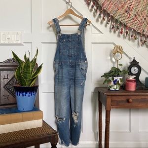 Free People Distressed Cropped Overalls